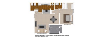 A floor plan of a room with furniture and appliances.