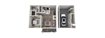 a stylized 3d floor plan of a 2100 sq ft apartment with a car
