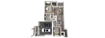 A 3D floor plan of a house with a garage and a car.