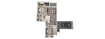 a floor plan of a 1 bedroom apartment with a car and a balcony