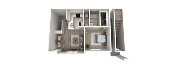 a 3d floor plan of a bedroom with a bathroom and a living room