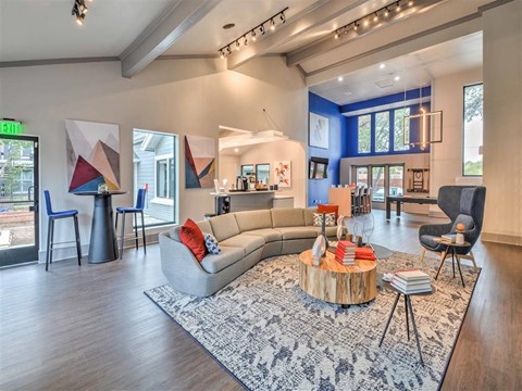 a living room with a couch and a table