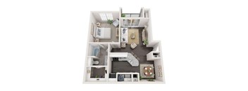 A 3D floor plan of a small apartment with a kitchen, living room, and bedroom. at Reserve at Canyon Creek, San Antonio,TX,78230