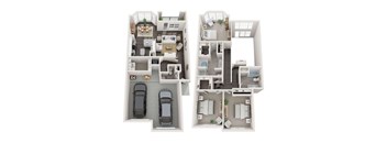 Two floor plan images of a house with two bedrooms, two bathrooms, a living room, a kitchen, a dining room, and a garage at Reserve at Canyon Creek,San Antonio,TX,78230