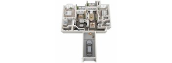 A floor plan of a house with a car parked in the garage at Reserve at Canyon Creek,San Antonio