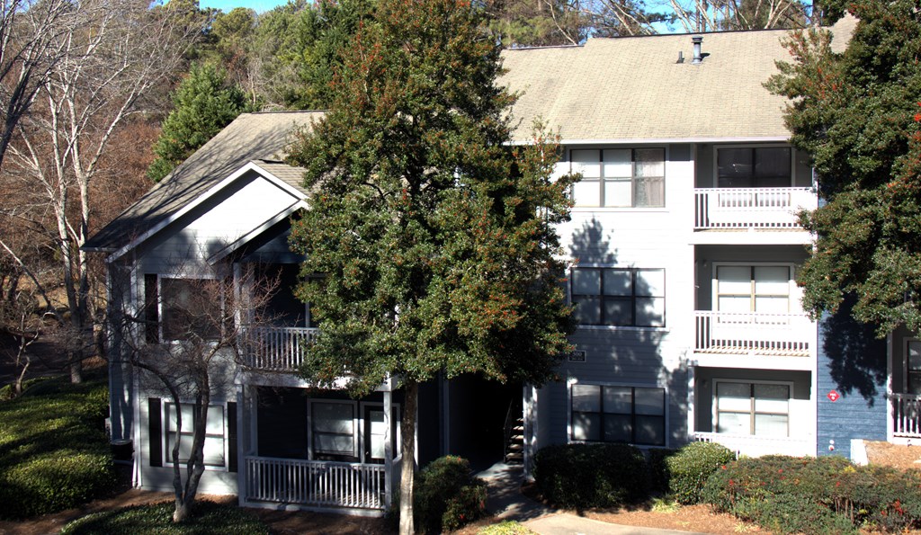 the apartment building is shown with a large tree in front of it