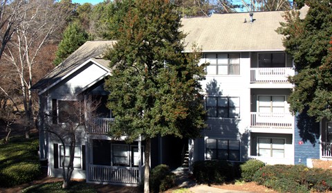 the apartment building is shown with a large tree in front of it at The Atlantic Vinings, Smyrna, GA, 30080