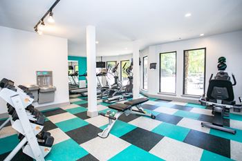 Fully equipped fitness center at The Pointe at Preston Ridge, Alpharetta, GA, 30005
