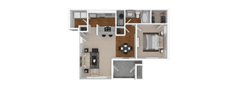 A floor plan of a house with a kitchen, living room, and two bedrooms.