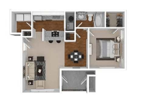 A floor plan of a house with a kitchen, living room, and two bedrooms.