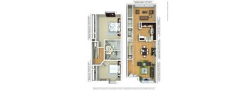 a two story house with a balcony and a living room