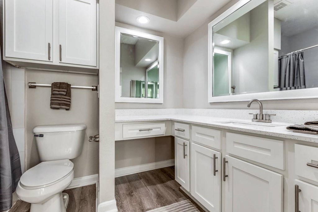 A white toilet is in a small bathroom with a mirror above the sink at Montecito Apartments, Houston, TX, 77056