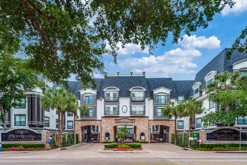 The image shows a large, luxurious building with a sign at Montecito Apartments, Texas