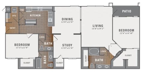 A floor plan of a house with a living room, dining room, kitchen, two bedrooms, a study, and two bathrooms.