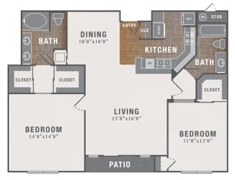 A floor plan of a house with two bedrooms, a living room, a dining room, a kitchen, a bathroom, a closet, and a patio.