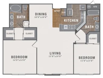 A floor plan of a home with two bedrooms, a living room, a dining room, a kitchen, and two bathrooms.