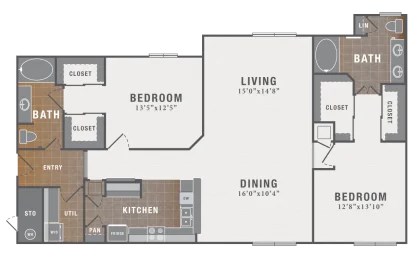 A floor plan of a house with a living room, dining room, kitchen, and two bedrooms.