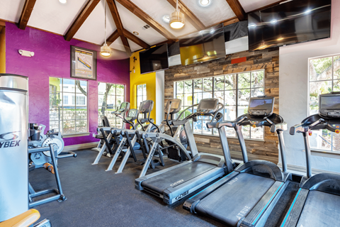 A gym with treadmills and exercise equipment at Reserve at Canyon Creek, San Antonio