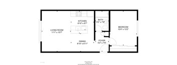 A floor plan of a small apartment with a living room, kitchen, dining area, bathroom and bedroom.