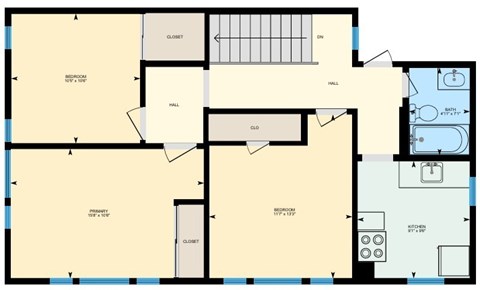 A floor plan of a house with labeled rooms such as bedroom, bathroom, and kitchen.