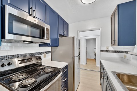 A kitchen with blue cabinets and stainless steel appliances.