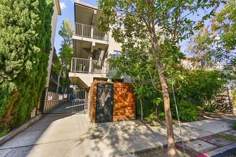A tree stands in front of a building with a gate.