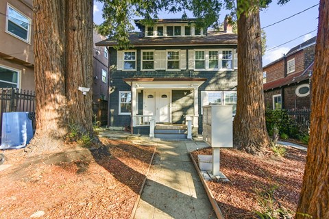 A tree-lined street with a house and a sidewalk.