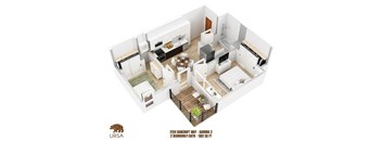 A floor plan of a 2 bedroom apartment with a living room, kitchen, and bathroom.
