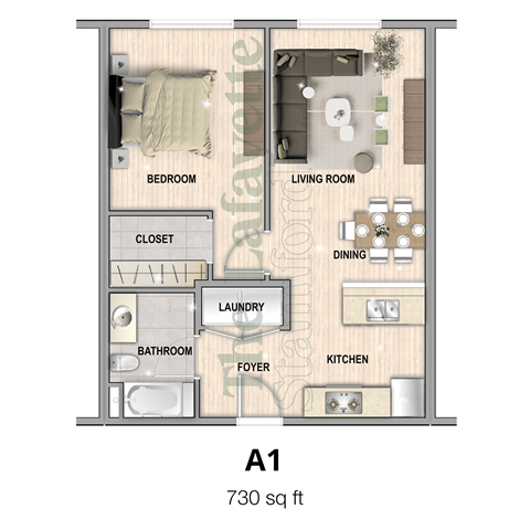 The Lafayette Stamford A1 1 bedroom apartment is 730 square feet in stamford ct now leasing. Open concept modern amenities tour today
