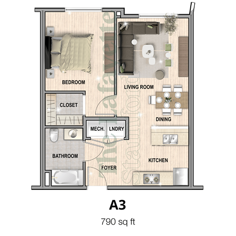 The Lafayette Stamford A3 1 bedroom apartment is 790 square feet in stamford ct now leasing. Open concept modern amenities tour today