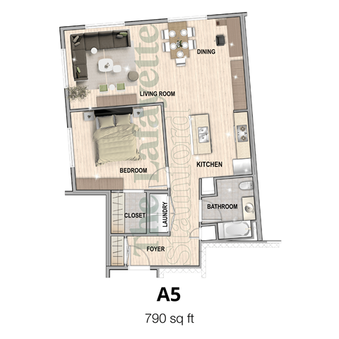 The Lafayette Stamford A5 1 bedroom apartment is 790 square feet in stamford ct now leasing. Open concept modern amenities tour today
