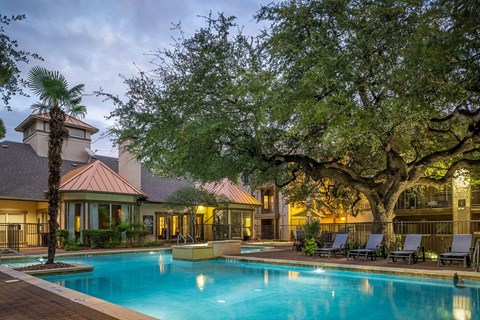 A large tree is next to a pool.