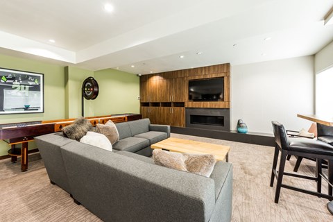 A living room with a grey couch and a wooden entertainment center.