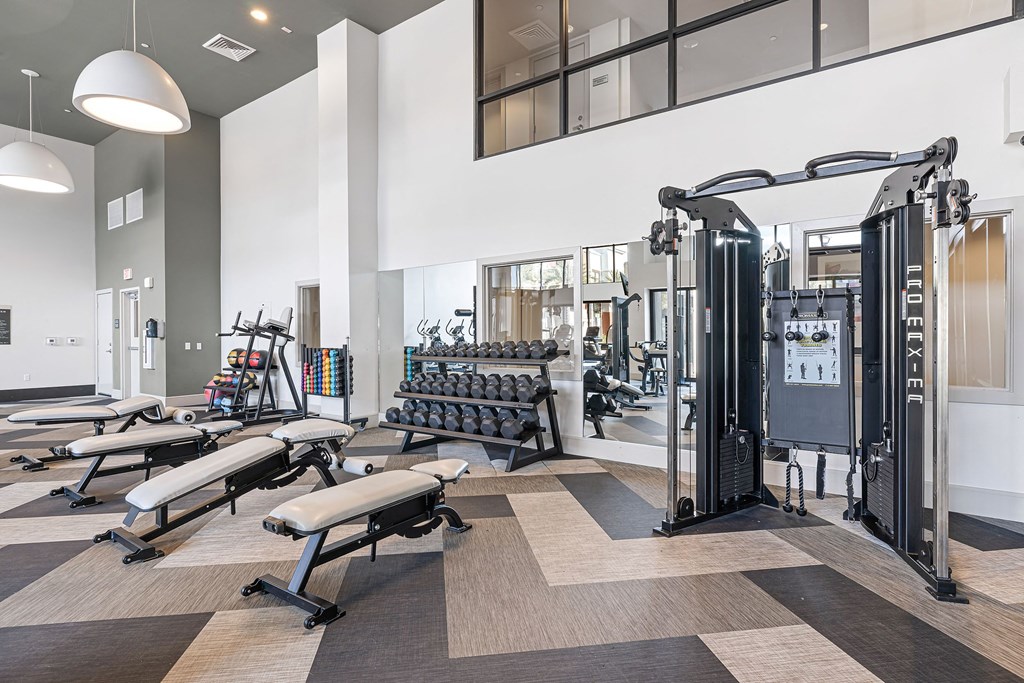 a gym with weights and cardio equipment at the district at highland village apartments