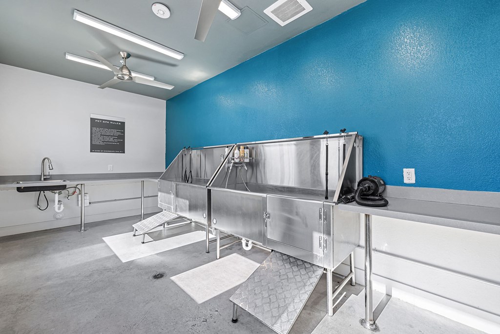 a large stainless steel sink in a room with a blue wall