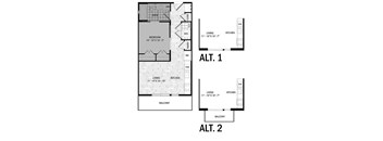 A floor plan shows two different layouts for a living space and kitchen.