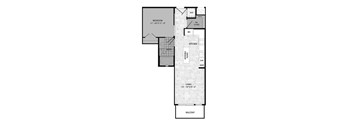 A floor plan of a bedroom, kitchen, and living room.