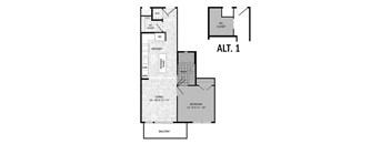 A floor plan of a two-story apartment with a living room, bedroom, and kitchen.