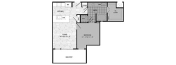 A floor plan of a small apartment with a living area, bedroom, and bathroom.