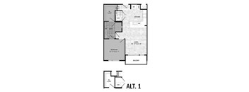 A black and white image of a floor plan for a one-bedroom apartment.