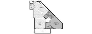 A black and white floor plan of a house with a living room, kitchen, bathroom, bedroom, and balcony.