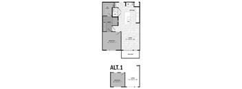A floor plan of a two-story apartment with a living room, bedroom, bathroom, kitchen, and balcony.