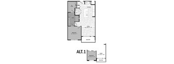 A floor plan of a living space with a kitchen, bathroom, and bedroom.