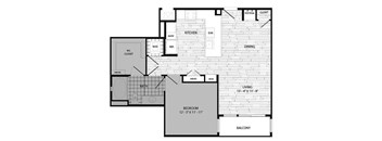 A floor plan of a house with a bedroom, bathroom, kitchen, dining room, living room, and closet.