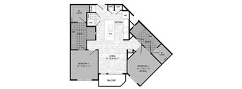 A black and white floor plan of a house with two bedrooms, a living area, a kitchen, a bathroom, and a balcony.