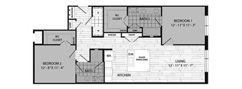 A floor plan of a house with two bedrooms, a living area, a kitchen, a bathroom, a wine bar, and a closet.