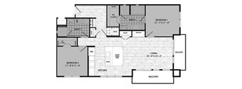 A floor plan of a house with two bedrooms, a living room, a kitchen, a bathroom, a wine bar, and a balcony.