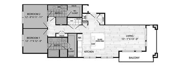 A floor plan of a house with two bedrooms, two bathrooms, a living room, a kitchen, a balcony, and an island with a dining area.