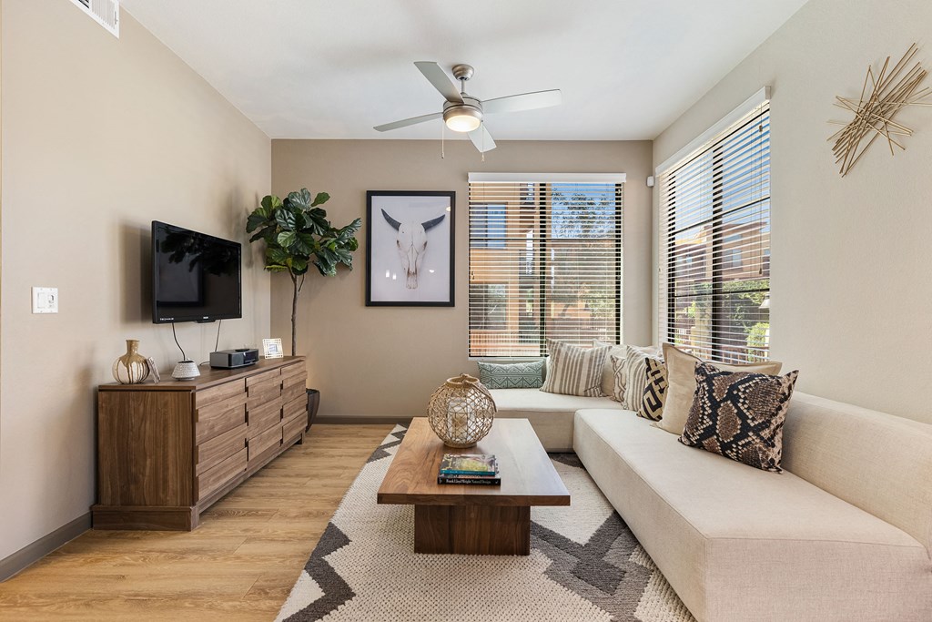 a living room with a couch and a coffee table