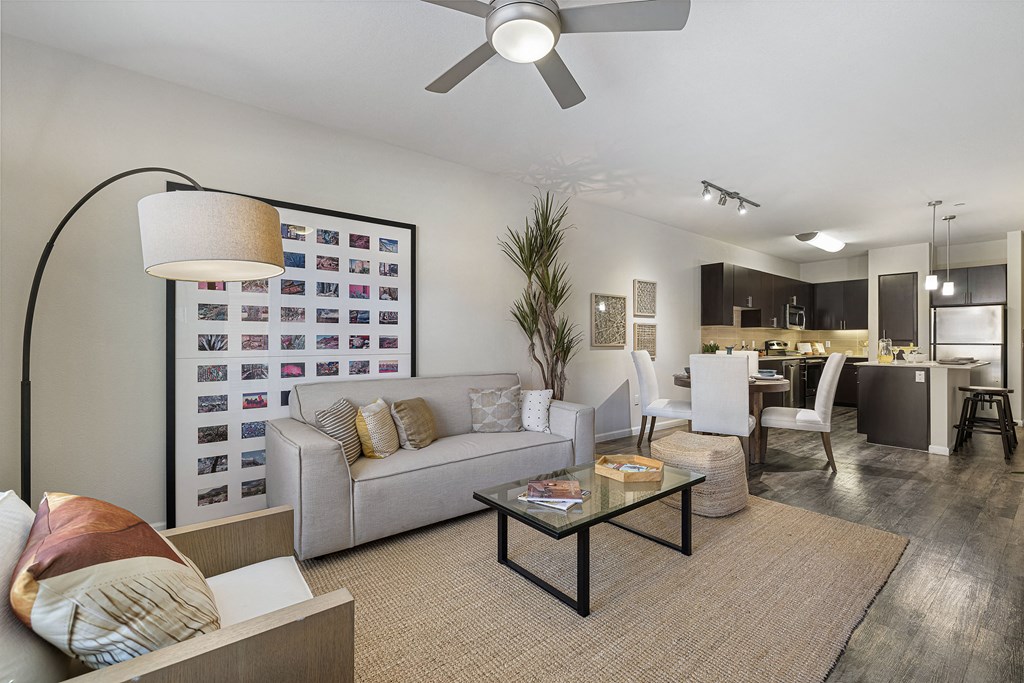 a living room with a couch and a table